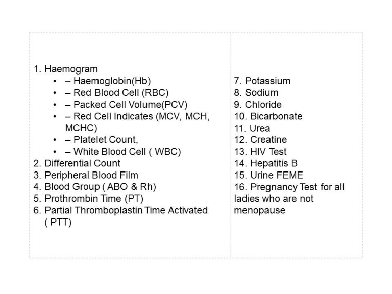 list of pre operation blood & urine tests